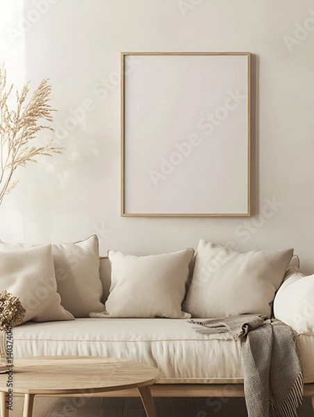 Fototapeta modern interior design mockup background with a blank poster frame, sofa and coffee table in light beige tones, minimalist style, natural lighting, high resolution photography