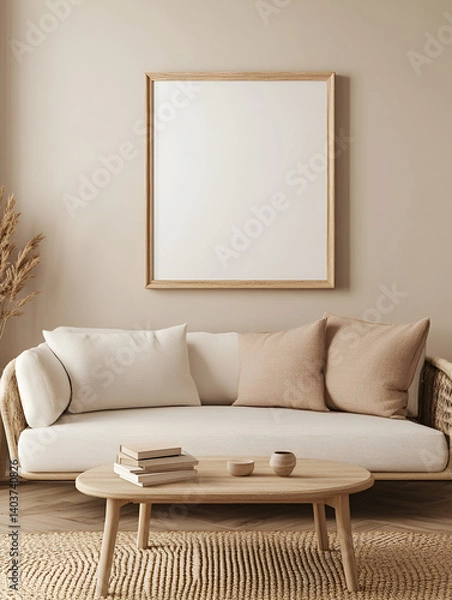 Fototapeta modern interior design mockup background with a blank poster frame, sofa and coffee table in light beige tones, minimalist style, natural lighting, high resolution photography