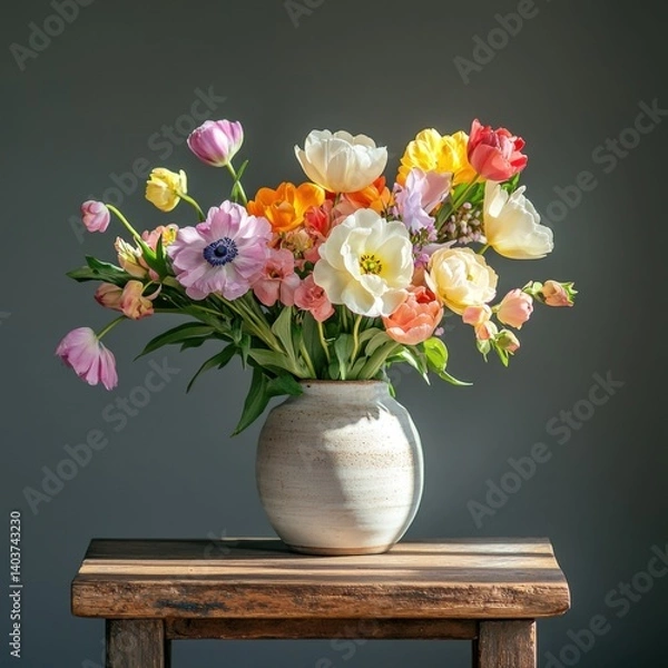 Fototapeta Vibrant spring flowers arrangement in a minimalist vase on a wooden table