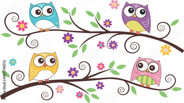 Fototapeta Cute Cartoon Owls on Tree Branches – Colorful Vector Illustration Set