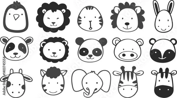 Fototapeta Cute doodle animal face line art.
Set with doodle face animals isolated on white background cute nursery collection illustration vector
