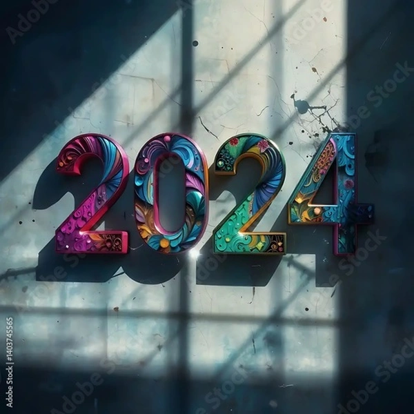 Obraz Colorful 2024 Numerals on Textured Wall with Sunlight for New Year
