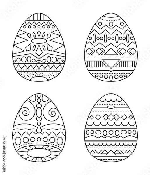 Fototapeta Easter eggs with tribal ornament vector coloring page. Black and white eggs with ethnic pattern clipart.