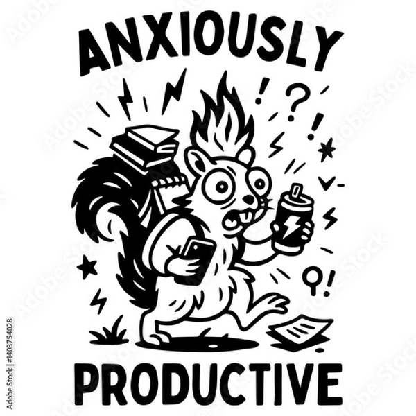 Obraz Funny squirrel cartoon running with phone, books, and energy drink. Concept of anxious productivity and burnout.