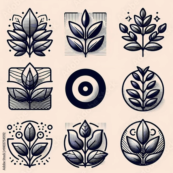 Fototapeta Plant emblems in various styles and designs on a light background  