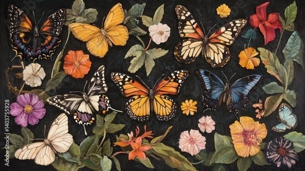 Fototapeta A colorful painting featuring butterflies and diverse flowers