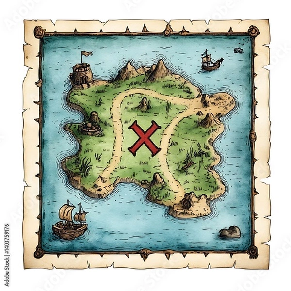Fototapeta Treasure map with "X" marking the spot, pirate theme