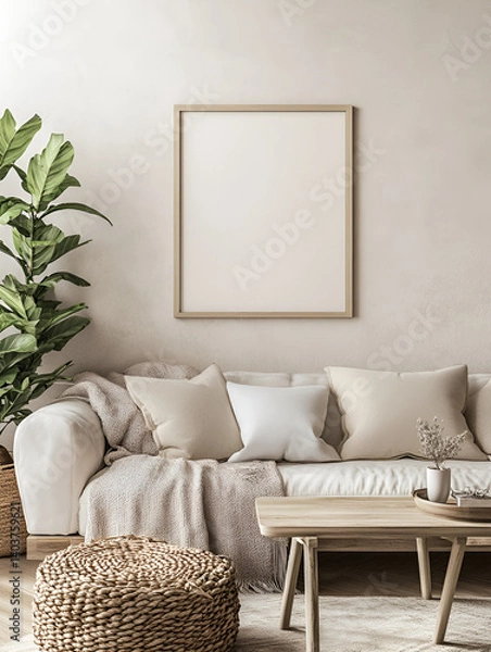 Fototapeta modern interior design mockup background with a blank poster frame, sofa and coffee table in light beige tones, minimalist style, natural lighting, high resolution photography