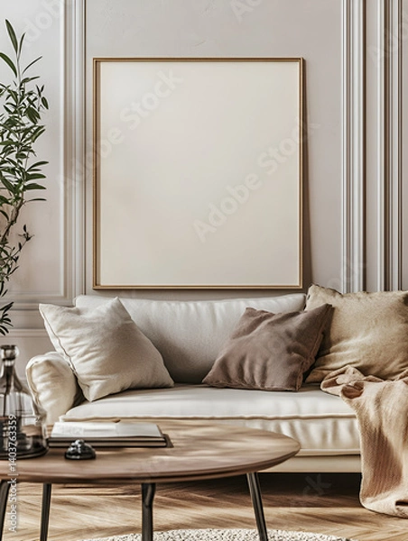 Fototapeta modern interior design mockup background with a blank poster frame, sofa and coffee table in light beige tones, minimalist style, natural lighting, high resolution photography