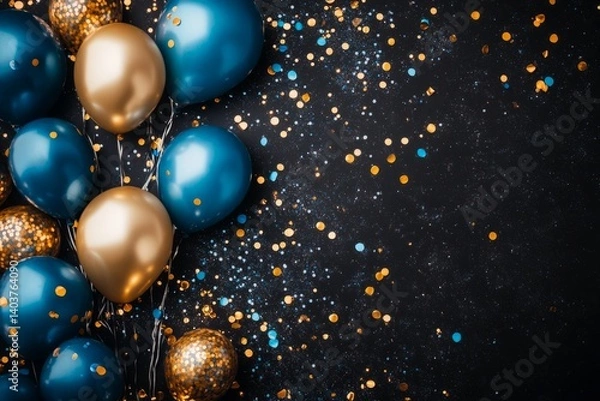 Fototapeta Festive blue and gold balloons creating a celebratory atmosphere on a black background with scattered confetti