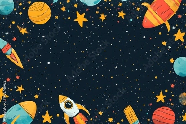 Fototapeta Colorful rockets flying in space with planets and stars creating a vibrant backdrop