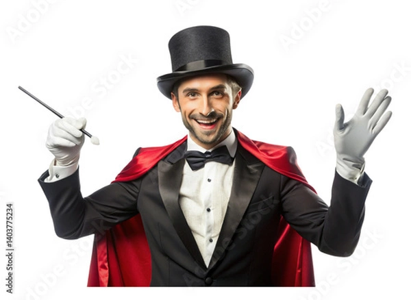 Fototapeta Classic magician with bow tie top hat and magic wand smiling and gesturing isolated against Transparent Background