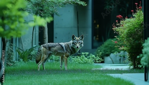 Fototapeta Coywolf in Backyard Garden