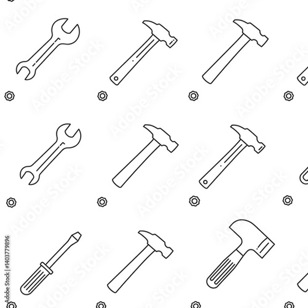 Fototapeta Pattern of labor tools( Wrench, hammer and screwdriver), thin line icons, white background