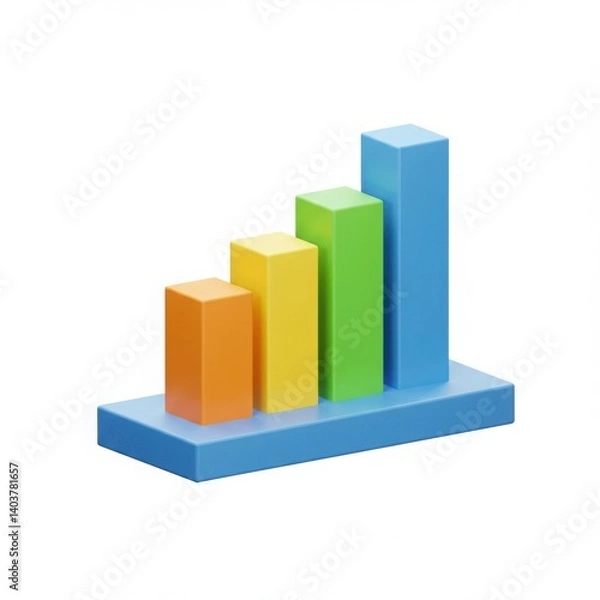 Fototapeta Vibrant 3d bar chart with orange, yellow, green, and blue bars on a blue base isolated on white background