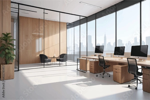 Fototapeta Modern office interior with glass partitions, wooden walls, and minimalistic furniture in spacious, bright workspace.vector illustration art

