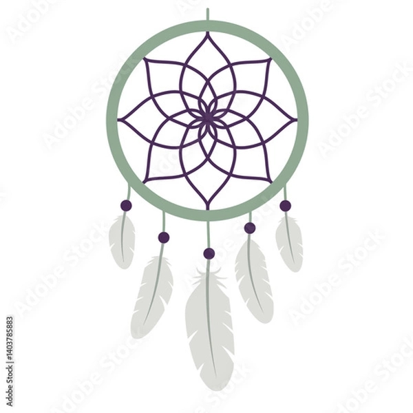 Fototapeta Dreamcatcher design featuring feathers and geometric patterns in flat vector art