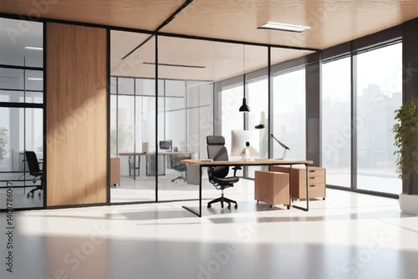 Fototapeta Modern office interior with glass partitions, wooden walls, and minimalistic furniture in spacious, bright workspace.vector illustration art

