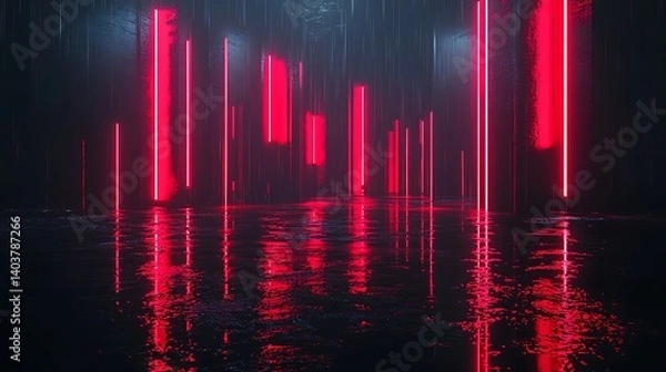 Fototapeta Red Neon Lights Reflecting on Wet Ground