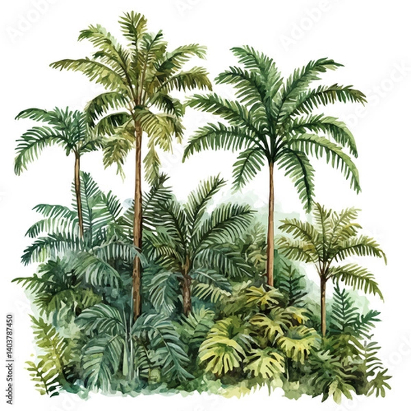 Fototapeta illustration of Gigantic Fern Forest In The Permian Period, watercolor vector, isolated on a white background.