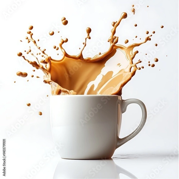 Fototapeta Coffee Splash: A dynamic image of a coffee splash erupting from a white mug. The rich brown liquid creates a captivating crown-like effect.