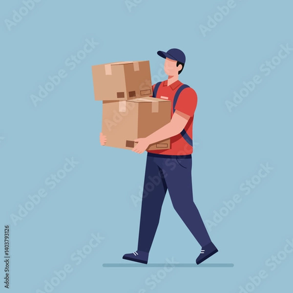Fototapeta Delivery person carrying stacked cardboard boxes in flat vector art style