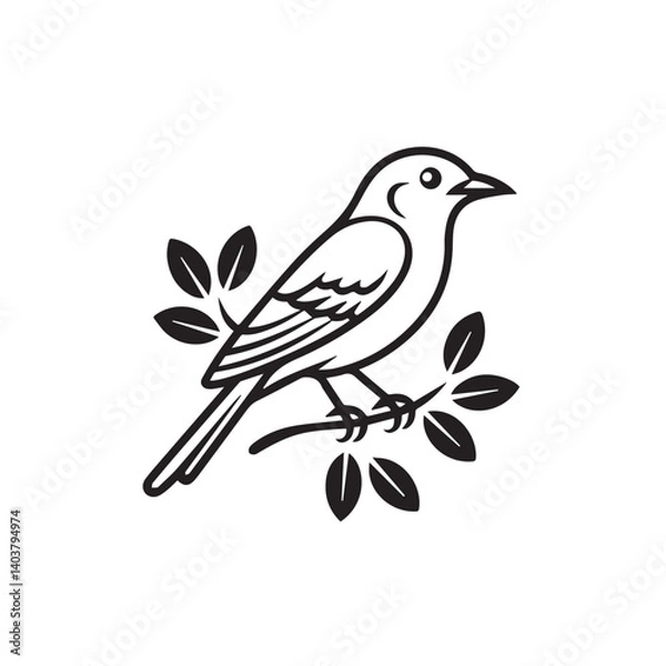 Fototapeta Illustration of a bird perched on a branch surrounded by leaves in a simple line art design