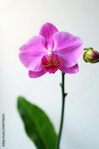 Fototapeta Single stem of orchid on white background with light effect, Bloom, Orchids, White Background