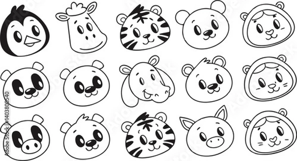 Obraz Cute doodle animal face line art.
Set with doodle face animals isolated on white background cute nursery collection illustration vector