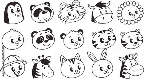 Fototapeta Cute doodle animal face line art.
Set with doodle face animals isolated on white background cute nursery collection illustration vector