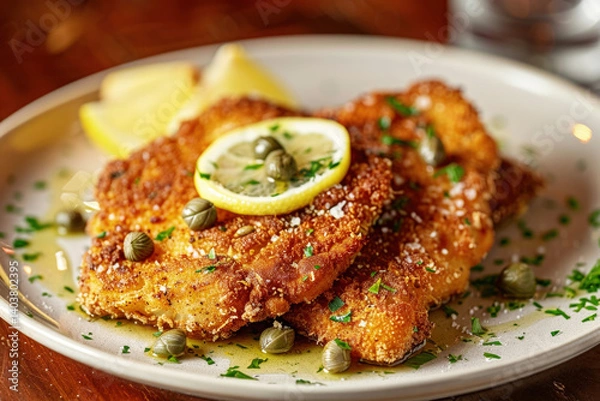 Fototapeta Crispy Golden Deep-Fried Cauliflower Steak with Lemon and Capers on White Plate