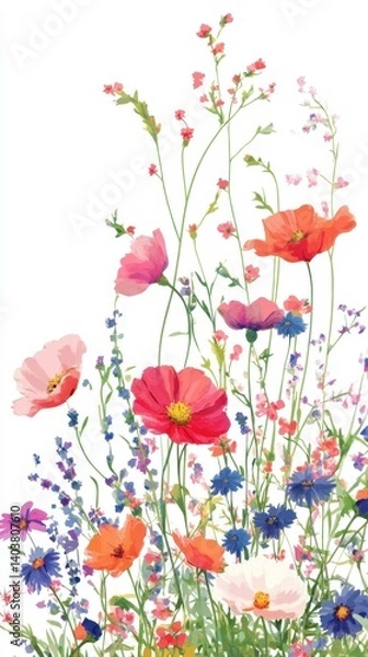 Fototapeta Watercolor meadow illustration with poppy floral arrangement on white backdrop for spring summer design