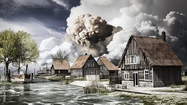 Obraz Stormy village canal, ominous cloud