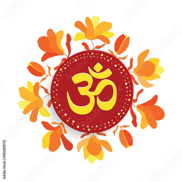 Obraz Indian sacred sound Om or Aum. Symbol of the divine triad of Brahma, Vishnu and Shiva. Sign of an ancient mantra. Floral frame. Magnolia, red tulip on a white