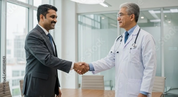 Fototapeta Doctor and Representative Partnership - A doctor and pharmaceutical representative shake hands, symbolizing collaboration, trust, healthcare, progress, and partnership in the medical field