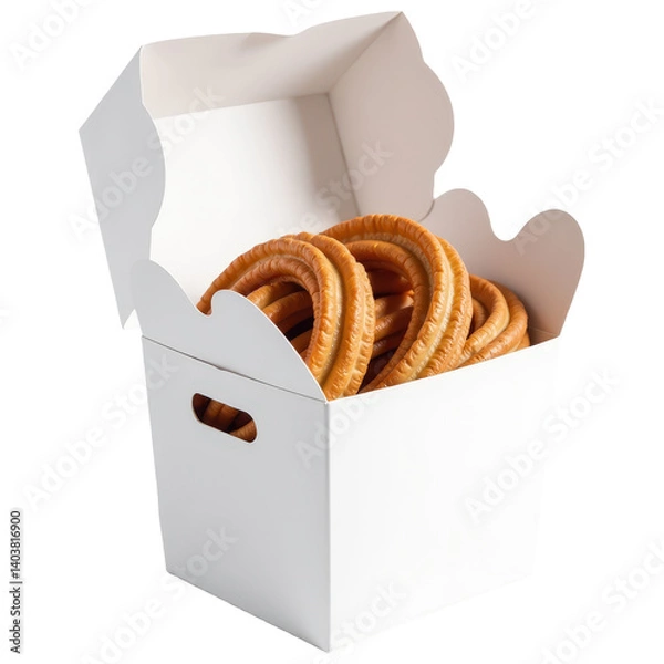Fototapeta A white box filled with golden-brown, crispy rings of pastry.  Perfect for food packaging design and website banners. cut out background
