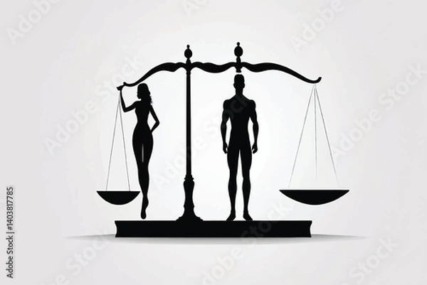 Fototapeta Silhouette of male and female figures balanced on scales symbolizing gender equality vector illustrations art on white background
