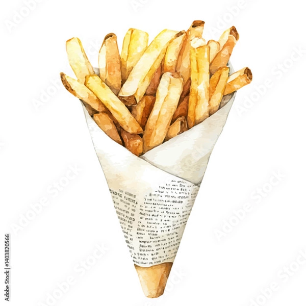 Fototapeta watercolor of French Fries In A Newspaper Cone, vector, isolated on a white background.