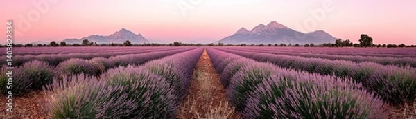 Fototapeta Extensive purple lavender fields stretch towards distant mountains during dawn