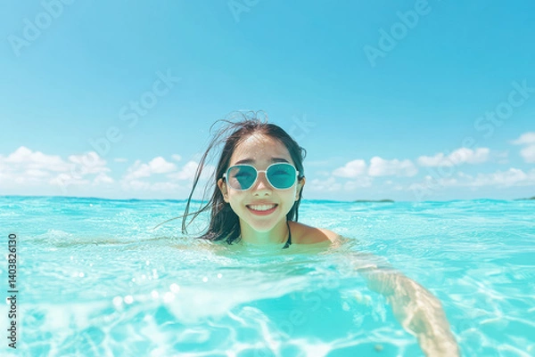 Fototapeta A joyful woman enjoying a refreshing swim in clear blue waters, embodying the spirit of summer and happiness.