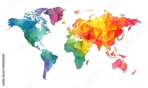 Fototapeta A colorful geometric world map illustration with a polygonal design on a white background showing continents