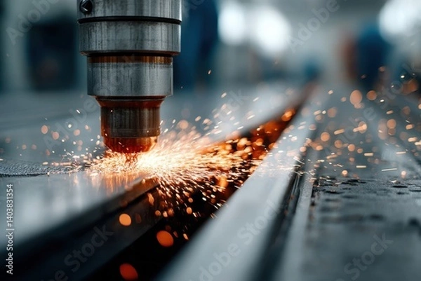 Fototapeta Laser cutting process creating sparks in a metal workshop during daytime operations