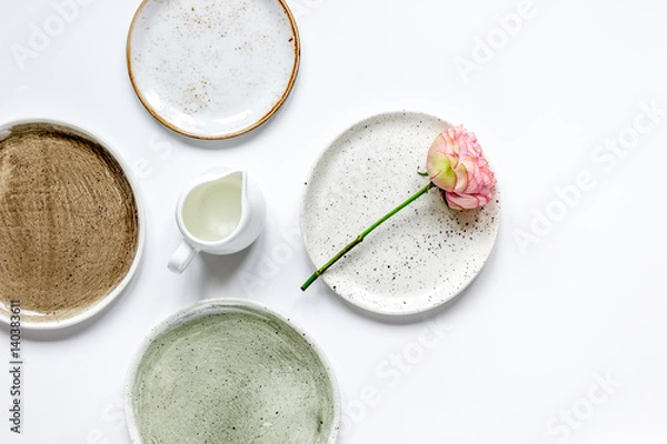 Obraz ceramic tableware top view on white background mock up