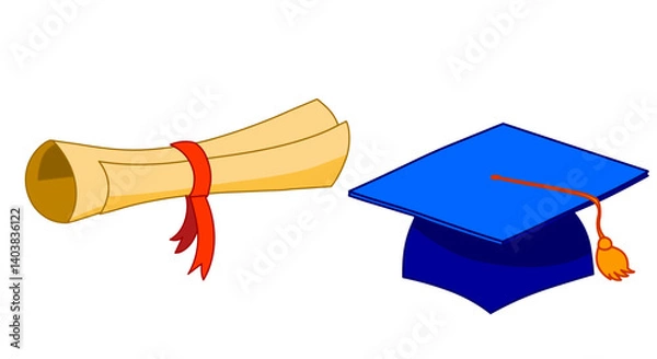Obraz Cap, diploma. Graduation, hat throw ceremony documents set. Students tossing it in the air. Leaving school, college, university certificate. Vector, cartoon illustration
