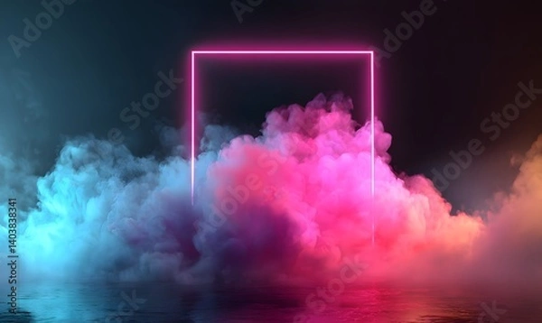Fototapeta A pink neon square frame surrounded by colorful smoke on a reflective surface with a dark background