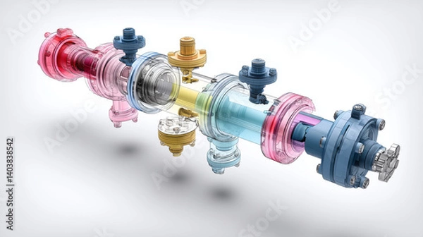 Fototapeta 3D Cutaway Render of Industrial Water Pipe and Pump System Mockup with Internal Components
