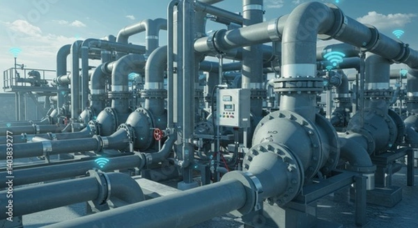 Fototapeta Industrial Smart Pumping System - Modern smart pumping system for efficient fluid management, showcasing advanced technology and automation in industrial settings