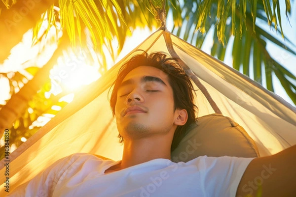 Fototapeta A young man relaxes in a hammock, basking in the golden sunshine among palm leaves, embodying peace and tranquility.