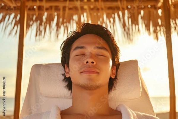 Fototapeta A young man relaxes under a straw hut, enjoying the warm sunset at the beach, embodying peace and tranquility.