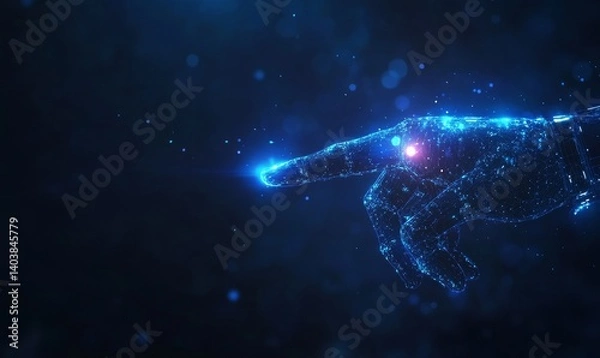 Fototapeta robot finger pointing with information datum and connection hologram for futuristic robotic artificial intelligence productivity and automation efficiency as wide banner with copy space poster, Genera